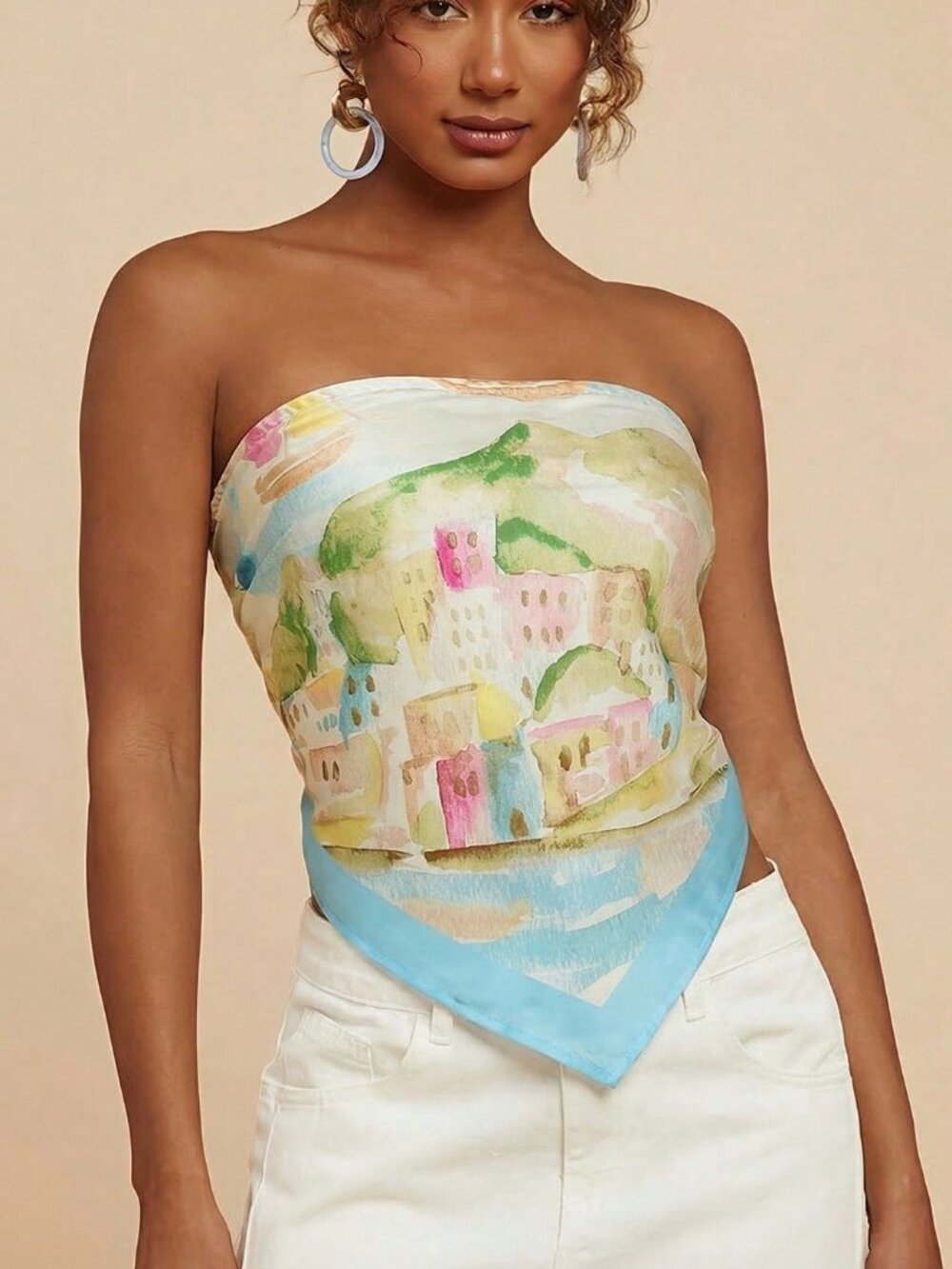Multicolor Casual Women's Tropical Print Bandeau tie back Top - Picture 4 of 6